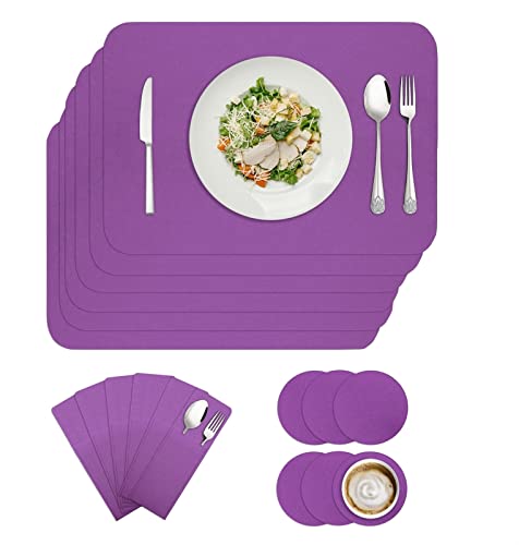 BESTORI Filz Tischset 6er Set, Waschbare Platzdeckchen Hitzebeständig Abwischbar Platzset mit Untersetzer und Bestecktaschen Violett 30x40cm von BESTORI