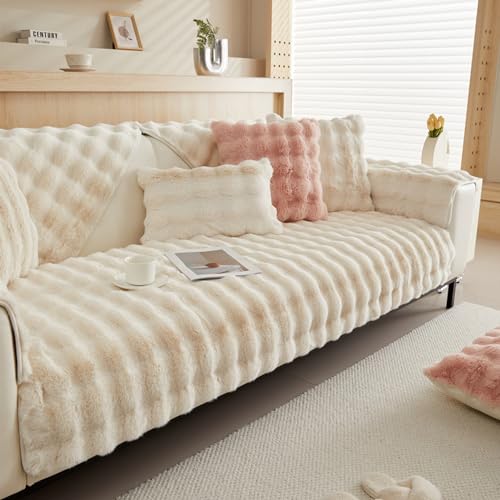 BESTORI Plüsch Sofabezug Anti Rutsch Superweiche Sofaüberwurf Aus Kunstpelz 1 2 3 4 Sitzer L Form Sofaüberwurfe Ecksofa Sofa Überzug Beige, 70 x 150 cm von BESTORI