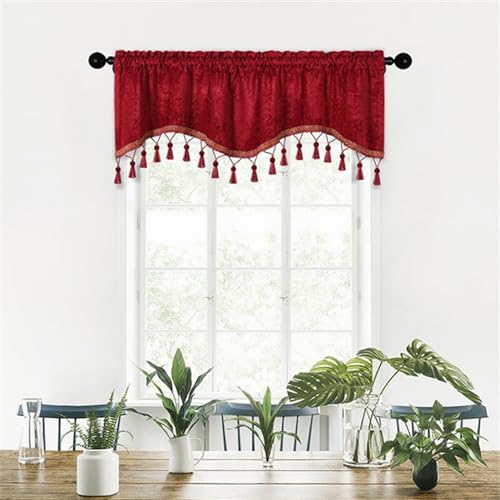 BESTORI Scheibengardine Blickdicht Bistrogardine Verdunkelung Fensterschal Kurzgardine Kurze Gardine für Küche Wohnzimmer Landhaus Rot, 150 x 40 cm(B x H) von BESTORI