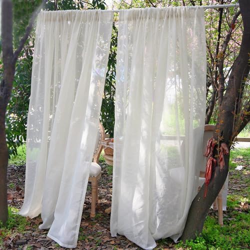BESTORI Voile Vorhang Transparente Gardine aus Stangendurchzug Leinenoptik Halbtransparent Voile für Wohnzimmer Schlafzimmer Weiß, 200 x 130 cm(H x B) von BESTORI