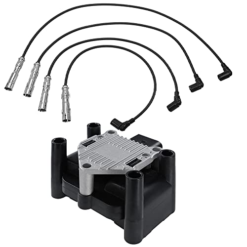BESTPRICE 1x Zündspule 4-polig Zündmodul + 4x Zündkabelsatz Zündleitung Passend für SEAT AROSA (6H1),INCA (6K9),VW CADDY II Kasten (9K9A),LUPO I (6X1, 6E1),POLO (6N2),POLO III CLASSIC (6V2)(6V5) von BESTPRICE