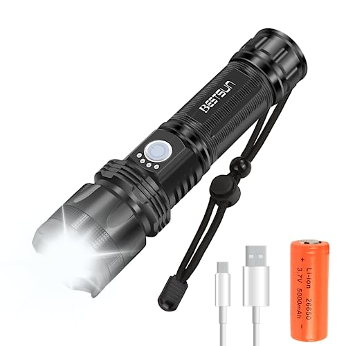 BESTSUN Superhelle LEDTaschenlampe,wiederaufladbar,10000 hohe Lumen,taktische Hand Taschenlampe,batteriebetrieben,zoombar,wasserdicht,5 Modi,langlebige Taschenlampe für Spaziergänge,Notfälle von BESTSUN