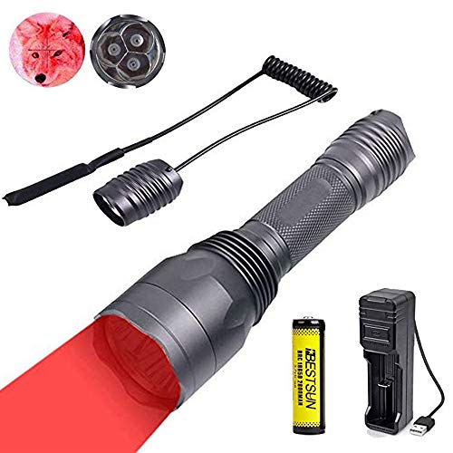 Rotlicht-Taschenlampe, taktische Taschenlampen-Kit wiederaufladbar f¨¹r Coyote Hog Fox Leistungsstark durch 3x XP-E2 LED-Strahlen 650 Lumen 300 Yards 1 Modus mit Druckschalter von BESTSUN
