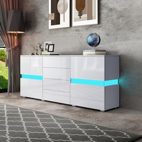 BESTWANTED Anrichte Hochglanz Anrichte für Wohnzimmer Modernes Anrichte Schrank Vitrine mit LED Beleuchtung 2 Türen 4 Schubladen Wohnmöbel (Weiß) von BESTWANTED
