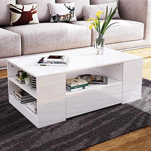 BESTWANTED Couchtisch, Couchtisch mit Stauraum, weiß glänzender Couchtisch für Wohnzimmer, rechteckiger Mitteltisch mit 2 Schubladen und 6 offenen Regalen, Heimbüro-Möbel, 95 x 55 x 37 cm von BESTWANTED