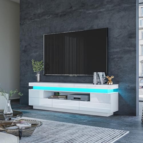 BESTWANTED LED-TV-Schrank 160cm Moderner Hochglanz-TV-Schrank mit 3 Schubladen, Sideboard für Schlafzimmer, Wohnzimmer, Wohnmöbel (Weiß) von BESTWANTED
