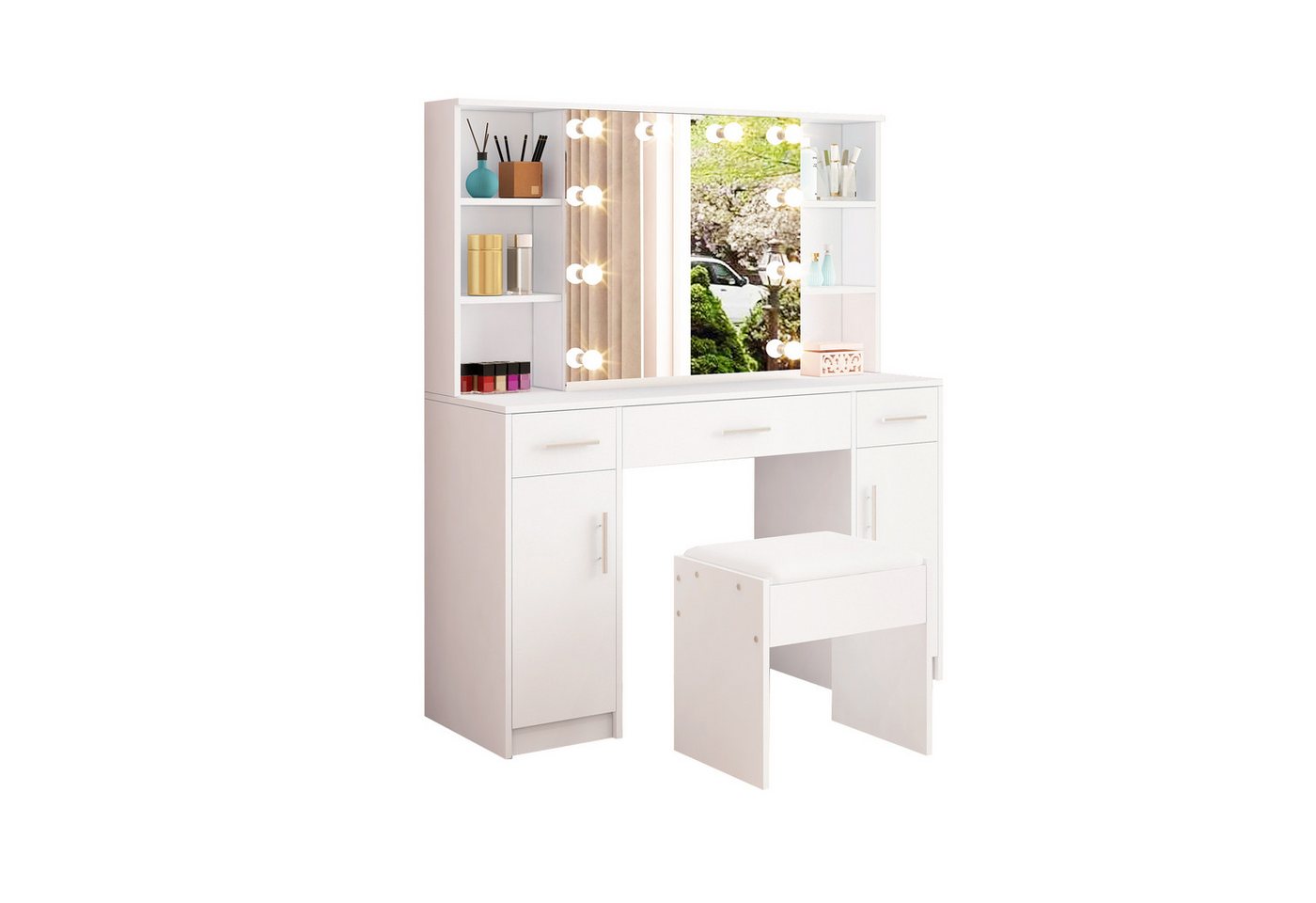 BESTWANTED Schminktisch mit Hocker und LED-Beleuchtung, großem Spiegel (2-St., 1 x Schminktisch 1 x Hocker), aus Holz, mit 3 Schubladen, 2 Türen und 6 offenen Fächern von BESTWANTED