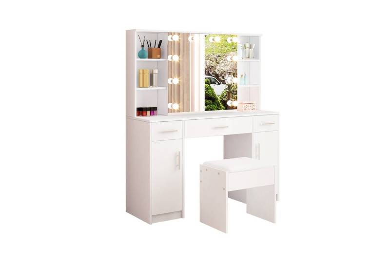 BESTWANTED Schminktisch mit Hocker und LED-Beleuchtung, großem Spiegel (2-St., 1 x Schminktisch 1 x Hocker), aus Holz, mit 3 Schubladen, 2 Türen und 6 offenen Fächern von BESTWANTED