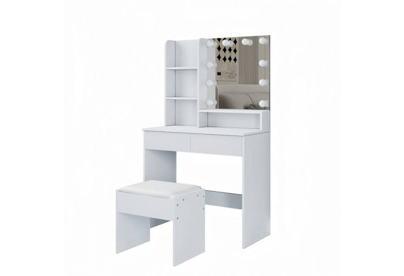BESTWANTED Schminktisch mit LED, Spiegel und Hocker, 2 Schubladen und 4 offene Regale (2-St., 1 x Schminktisch 1 x Hocker), Holz-Schminktisch für Schlafzimmer, Heim Möbel von BESTWANTED