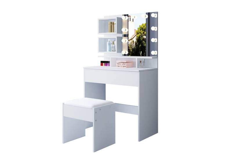 BESTWANTED Schminktisch modern, mit Spiegel, LED-Beleuchtung und Hocker (2-St., 1 x Schminktisch 1 x Hocker), mit 1 Schublade & 5 offenen Fächern, Holz-Schlafzimmer-Kommode von BESTWANTED