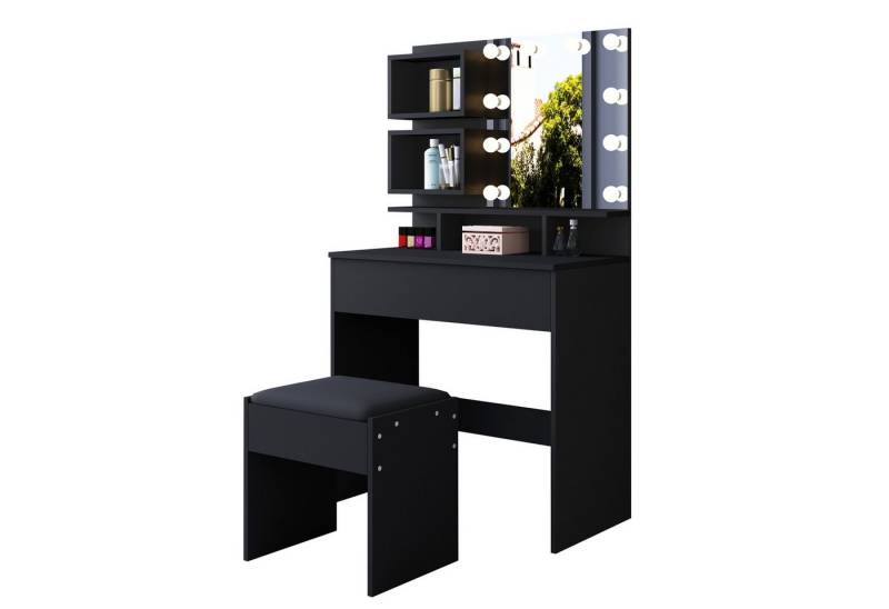 BESTWANTED Schminktisch modern, mit Spiegel, LED-Beleuchtung und Hocker (2-St., 1 x Schminktisch 1 x Hocker), mit 1 Schublade & 5 offenen Fächern, Holz-Schlafzimmer-Kommode von BESTWANTED