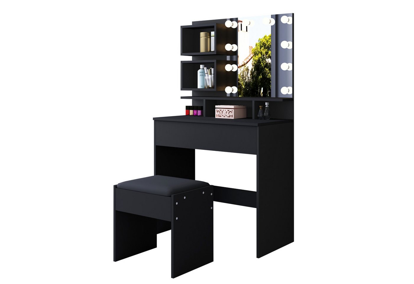 BESTWANTED Schminktisch modern, mit Spiegel, LED-Beleuchtung und Hocker (2-St., 1 x Schminktisch 1 x Hocker), mit 1 Schublade & 5 offenen Fächern, Holz-Schlafzimmer-Kommode von BESTWANTED