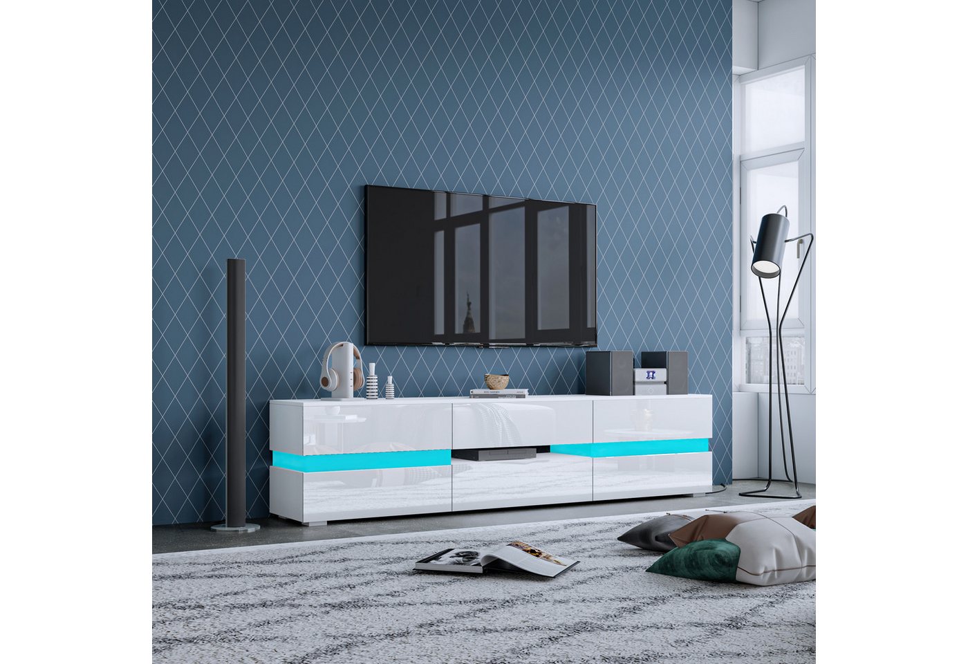 BESTWANTED TV-Schrank mit generischer LED, modernes TV-Möbel, Hochglanzfront, mattes Korpus Mit 2 Türen und 1 Schublade, geeignet für Schlafzimmer und Wohnzimmer von BESTWANTED