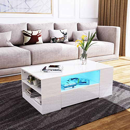 Couchtisch, Couchtisch mit Stauraum, Weiß Glanz Couchtisch mit LED Lichtern, Couchtisch für Wohnzimmer Rechteckiger Mitteltisch mit 2 Schubladen und 6 offenen Regalen, Home Office Möbel von BESTWANTED