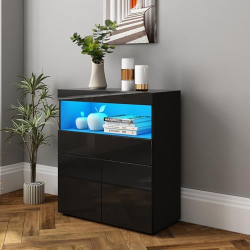 Sideboard,Buffetschrank,Kommode mit 2 Türen und 1 Schubladen,Hochglanz TV Schrank Highboard mit LED-Beleuchtung,Aufbewahrungsschrank mit offenem Fach für Esszimmer Wohnzimmer 80x35x90cm (Schwarz) von BESTWANTED