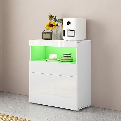 Sideboard,Buffetschrank,Kommode mit 2 Türen und 1 Schubladen,Hochglanz TV Schrank Highboard mit LED-Beleuchtung,Aufbewahrungsschrank mit offenem Fach für Esszimmer Wohnzimmer 80x35x90cm (Weiß) von BESTWANTED