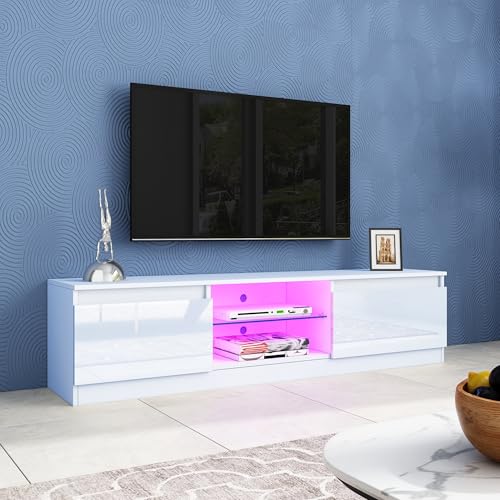 TV Schrank Lowboard mit LED Beleuchtung, Hochglanz Fernsehschrank für Fernseher bis zu 65 Zoll, Fernsehtisch mit 2 Türen, TV Board mit 2 Regalen für Wohnzimmer & Schlafzimmer 160x35x40 cm (Weiß) TV Schrank Lowboard mit LED Beleuchtung, Hochglanz Fernsehschrank für Fernseher bis zu 65 Zoll, Fernsehtisch mit 2 Türen, TV Board mit 2 Regalen für Wohnzimmer & Schlafzimmer 160x35x40 cm (Weiß) von BESTWANTED