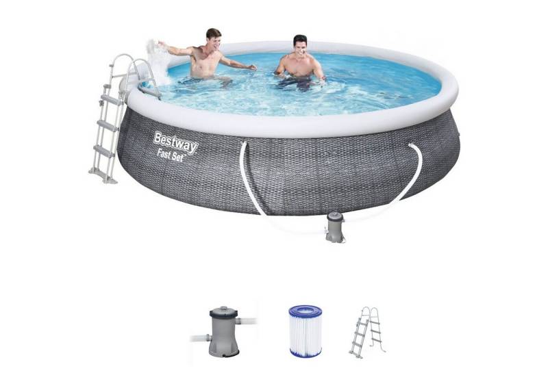 BESTWAY Pool 57372 Fast Set Swimmingpool Rund Rattan Look Filter Leiter 457x107 von BESTWAY