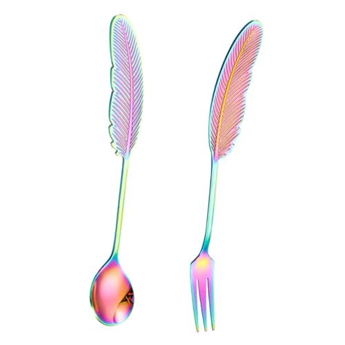 BESTYASH 2 Stück Teiliges Besteck Löffel und in Feder Design Langlebig Farbenfroh für Kuchen Dessert Obst und Eis Spülmaschinenfest Praktisch für Partys und Servieren von BESTYASH