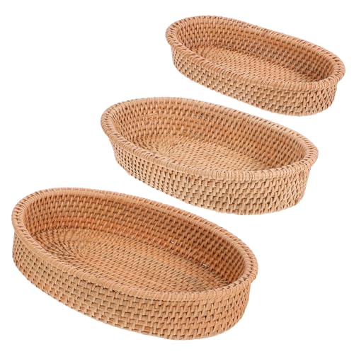 BESTYASH 3 Stück Teiliges Handgewebtes Rattan Tablett Ovaler Brotkorb Snackkorb Obstkorb Vielseitiger Aufbewahrungskorb für Küche Essbereich von BESTYASH