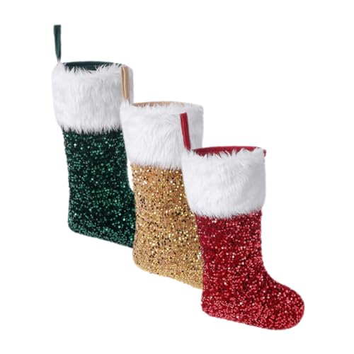 BESTYASH 3 Stück Teiliges Weihnachtsstrümpfe mit Pailletten Weiche Plüsch-hängesäckchen in Rot Gold und Grün Leichte Xmas-deko für Baum Kamin Fenster Geschenkbeutel für Party von BESTYASH