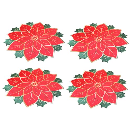 BESTYASH 4 Stück Teiliges Weihnachts Platzset aus Leinen mit Poinsettia Hitzebeständige Wiederverwendbare Tischsets zur Festlichen Dekoration für Weihnachtliche Tischgestaltung von BESTYASH
