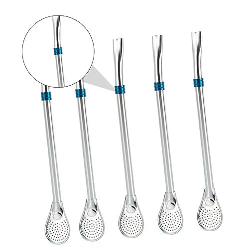 BESTYASH 5 Stück Teiliges Edelstahl Filterlöffel und Rührlöffel mit Doppeltem Sieb Vielseitig als Trinkhalm oder Löffel für Tee Milchgetränke Langlebig und Spülmaschinenfest Blau von BESTYASH