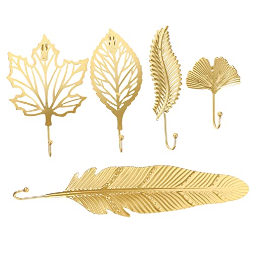 BESTYASH 5 Stück Wandhaken aus Blattform Edle Goldene Metallhaken für Handtücher Schlüssel und Dekoration Robuste und Praktische Wandmontage für Bad Eingangsbereich und Wohnzimmer von BESTYASH