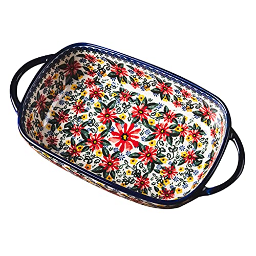 BESTYASH Keramische Backplatte mit Doppelgriffen für Sicheres Handling Dekorative Servierplatte mit Blumenmuster für Ofen und Mikrowelle Leicht zu Reinigen und Rutschfest von BESTYASH