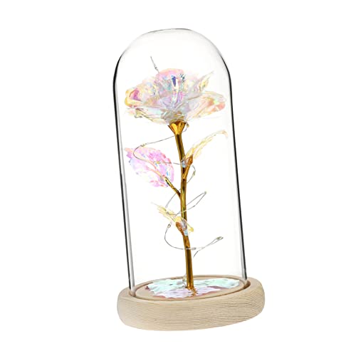 BESTYASH LED Glasrose mit Konservierter und Warmweißem Licht Dekorative Glasglocke mit DREI Blättern Langlebige Romantische Blumendekoration Geschenkidee zum Muttertag Valentinstag und von BESTYASH