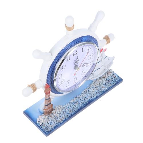 BESTYASH Mediterrane Tischuhr aus Holz und Metall Kleine Küstendekoration mit Leuchtturm und Schiffsruder Stabile Verarbeitung Pflegeleicht Maritimer Stil für Wohn Schlafzimmer von BESTYASH