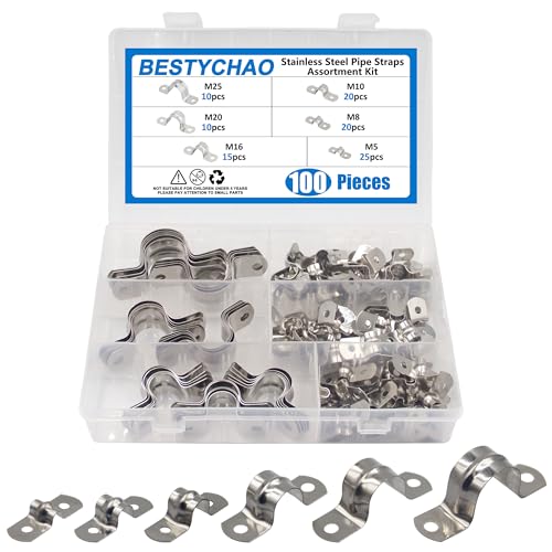 BESTYCHAO 100Pcs Rohrbandklemmen Sortiment Kit, 304 Edelstahl U-Halterung Rohrriemen Sattelclips, M5 M8 M10 M16 M20 M25 Zwei Löcher Rohrband Spannclips von BESTYCHAO