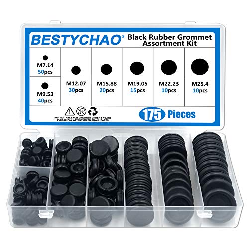 BESTYCHAO 175pcs 7 Größen Schwarze Gummitülle Elektrischer Leiter Dichtungsring-Sortiment zum Schutz von Drähten, Steckern und Kabeln von BESTYCHAO