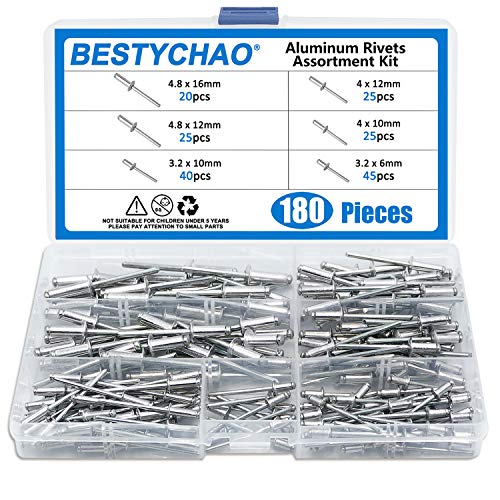 BESTYCHAO 180pcs 6 Größen Aluminium Blindnieten, Pop Nieten Sortiment Kit(Silber) von BESTYCHAO