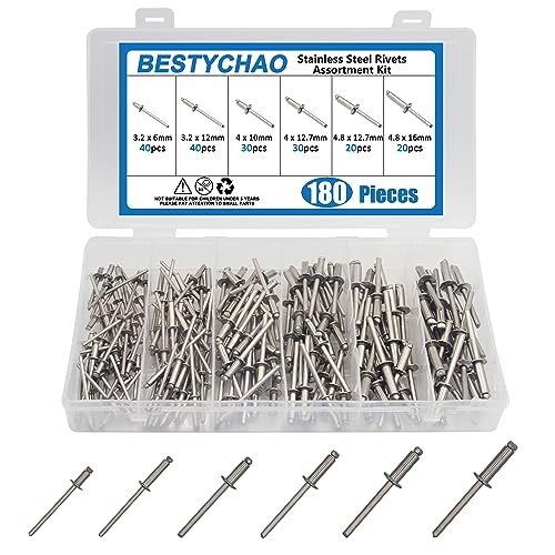 BESTYCHAO 180 Stück Blindniet-Kit, Edelstahl-Pop-Nieten 6 Größen Niet-Sortimentssatz 3,2 mm 4 mm 4,8 mm von BESTYCHAO