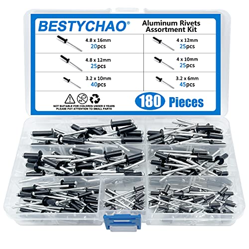 BESTYCHAO 180pcs 6 Größen Aluminium Blindnieten, Pop-Nieten-Sortiment-Set (Schwarz) von BESTYCHAO