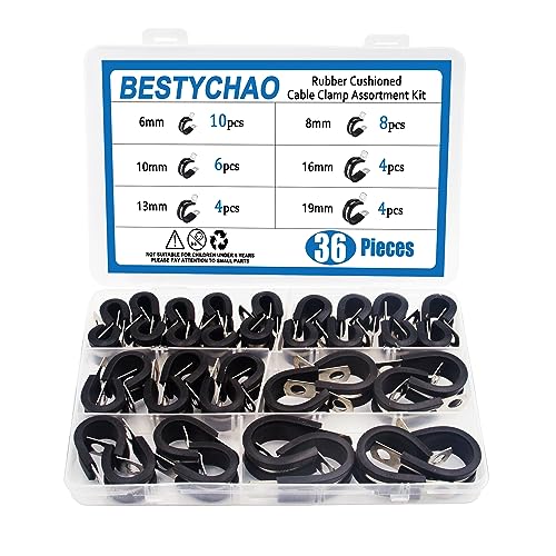 BESTYCHAO 36 Stück Rohrschellen Sortiment Kit, Edelstahl-Kabelschellen in 6 Größen 6mm 8mm 10mm 13mm 16mm 19mm, Gummikissenschellen für Sanitär, Rohr, Rohr, Kabel von BESTYCHAO