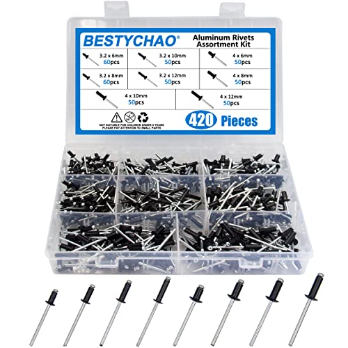 BESTYCHAO 420 Stück 8 Größen Aluminium Blindnieten, M3.2 M4 Pop Nieten Sortiment Kit (Schwarz) von BESTYCHAO