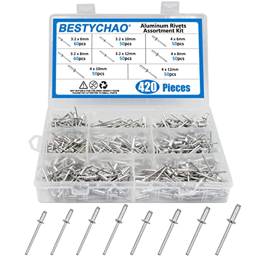 BESTYCHAO 420 Stück 8 Größen Aluminium Blindnieten, M3.2 M4 Pop Nieten Sortiment Kit (Silber) von BESTYCHAO