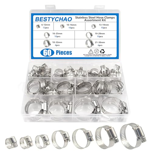 BESTYCHAO 60-teiliges Schneckengetriebe-Schlauchschellen-Sortiment aus Edelstahl mit einstellbarem Bereich 6-38mm (Silber) von BESTYCHAO