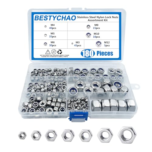 BESTYCHAO Kontermutter Sechskantmuttern Set, 180 Stück 7 Größen Edelstahl Nylon Stopmuttern Selbstsichernd Kontermutter Sortiment Kits M3 M4 M5 M6 M8 M10 M12 BESTYCHAO Kontermutter Sechskantmuttern Set, 180 Stück 7 Größen Edelstahl Nylon Stopmuttern Selbstsichernd Kontermutter Sortiment Kits M3 M4 M5 M6 M8 M10 M12 von BESTYCHAO