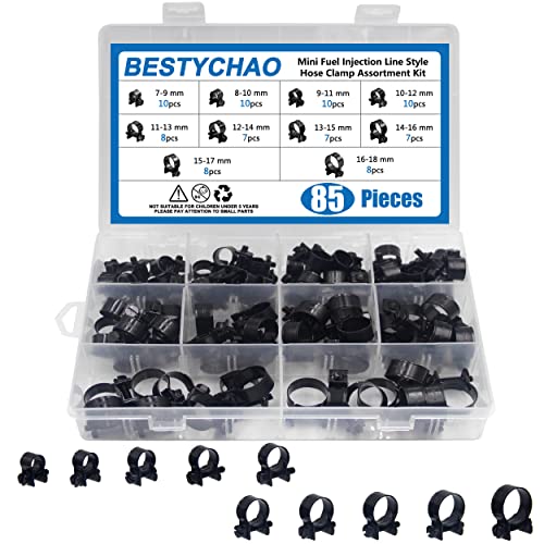 BESTYCHAO Mini Einspritzschlauchschellen Verzinkt 85 Stück 7-18mm Bereich Einstellbare Schlauchschellen Sortiment Benzinrohrschellen für Autos, Traktoren und andere Bereiche (Schwarz) von BESTYCHAO
