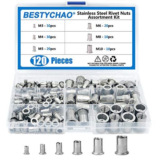 BESTYCHAO Nietmuttern Sortiment, 120 Stück M3 M4 M5 M6 M8 M10 Edelstahl Flachkopf Gewinde Rivet Nutsert Cap Muttern Nietmutter Sortiment Kit von BESTYCHAO