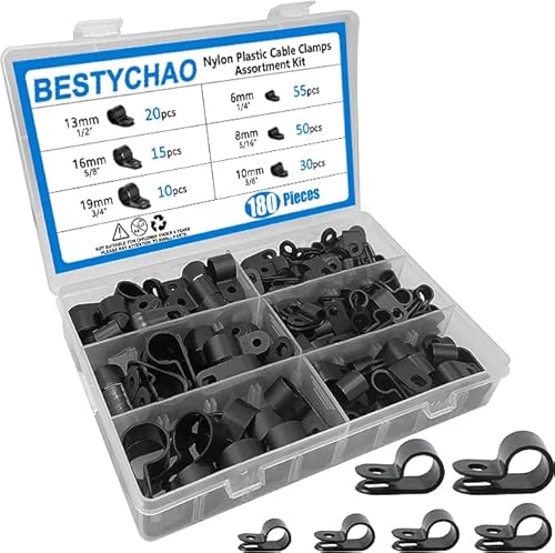 BESTYCHAO Nylon R Clip, 180 Stück 6 Größen R-Typ Nylon Kabelklemme, Typ P Drahtklemmen Kabelklemmen Sortimentskit für Kabel-Management(Schwarz) von BESTYCHAO