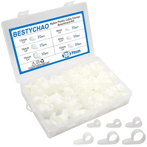 BESTYCHAO Nylon R Clip, 180 Stück 6 Größen R-Typ Nylon Kabelklemme, Typ P Drahtklemmen Kabelklemmen Sortimentskit für Kabel-Management(Weiß) von BESTYCHAO