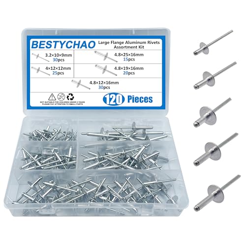 BESTYCHAO 120 Stück Aluminium Blindnieten, 5 Größen Pop Nieten Sortiment Kit 3.2mm, 4mm, 4.8mm zum Verbinden von Metallplattenrohren (Silber) von BESTYCHAO