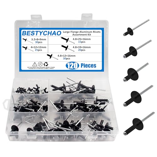 BESTYCHAO 120 Stück Aluminium Blindnieten, 5 Größen Pop Nieten Sortiment Kit 3.2mm, 4mm, 4.8mm zum Verbinden von Metallplattenrohren (schwarz) von BESTYCHAO