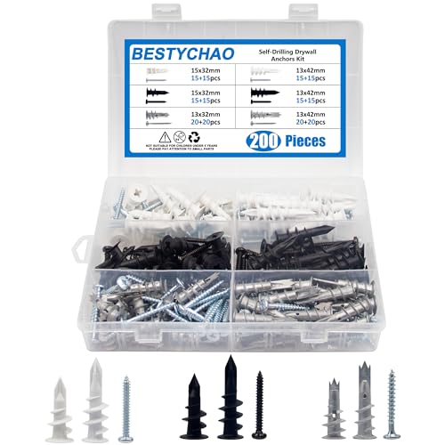 BESTYCHAO Trockenbau-Dübel-Kit, 200 Stück selbstbohrende Wandanker, 6 Größen Zink Mental & Nylon-Kunststoff 13x42mm 13x32mm 15x32mm Gips-Wandanker und Schrauben-Sortiments-Kit BESTYCHAO Trockenbau-Dübel-Kit, 200 Stück selbstbohrende Wandanker, 6 Größen Zink Mental & Nylon-Kunststoff 13x42mm 13x32mm 15x32mm Gips-Wandanker und Schrauben-Sortiments-Kit von BESTYCHAO