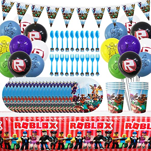 BESTZY Partygeschirr Set Roblox Thema Geburtstag Dekoration Roblox Game Kindergeburtstag Party mit Tischdecke Teller Tassen Gabeln Spoon Luftballon Wimpeln Dient für 10 Gäste von BESTZY