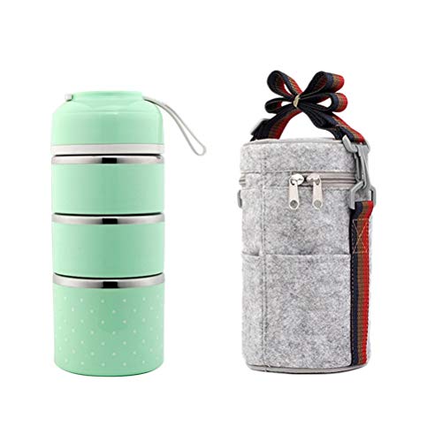 BESTONZON 1 Stück Edelstahl Thermo-Lunchbox 3 Etagen Isolierte Lebensmittelbehälter Lebensmittelbehälter mit Seilgriff Tasche für Kinder Erwachsene Camping Picknick Reisen (grün) von BESTonZON